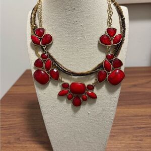 Red Gold tone Flower Necklace + Multi Strand Brown/Bronze Seed Pearl Necklace.